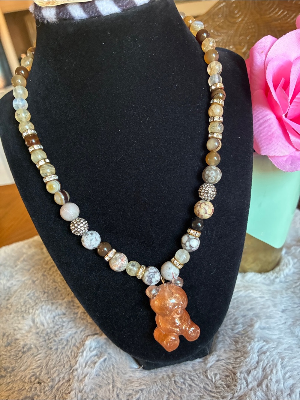 Beaded Brown Agate Necklace with Amber Gummy Bear Pendant